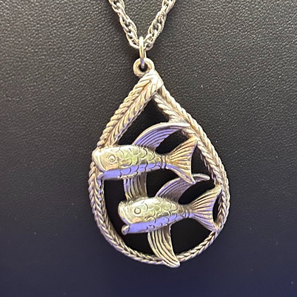 Tortolani Silver Plate 1960s Pisces Zodiac Fish Pendant Necklace